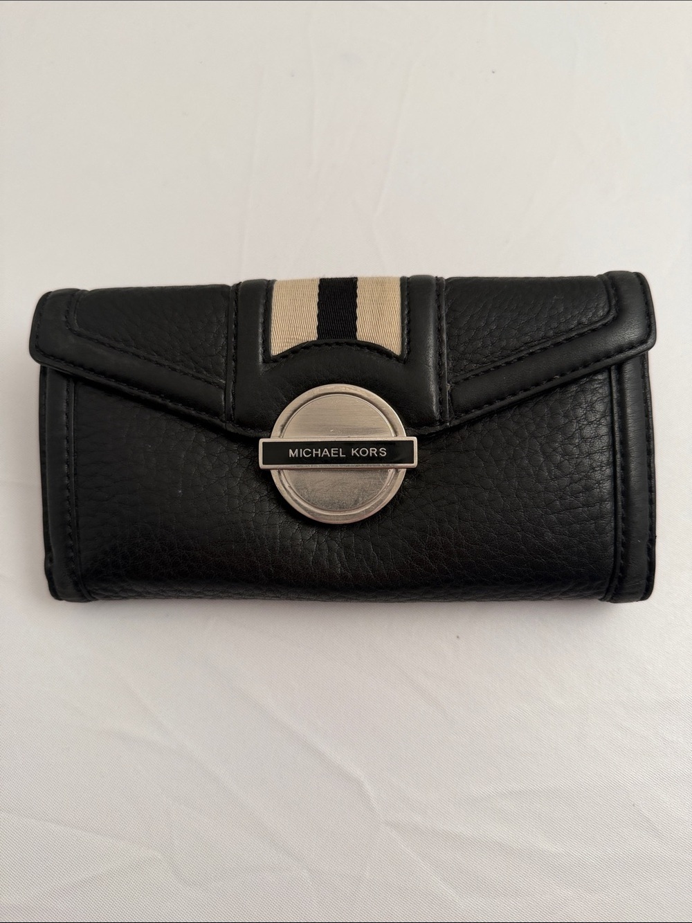 Michael Kors vintage black pebbled leather wallet with beige and black stripes